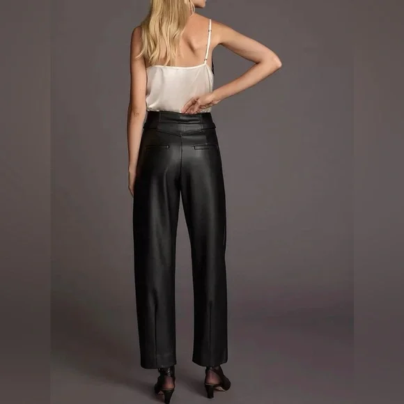 Anthropologie Maeve Faux Leather Black High-Waisted Taper Trousers Size 6 - Picture 3 of 11